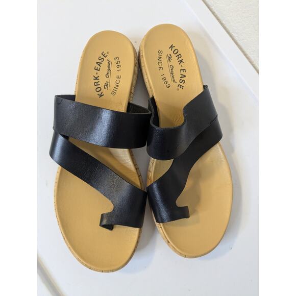 Kork Ease Leather Upper Black Toe Loop Sandals Slip On Womens Size 9 - Picture 2 of 9